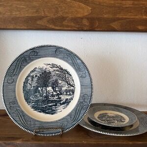 3pc Royal China USA Cavalier Ironstone Blue White Winter Mill Plates Bundle